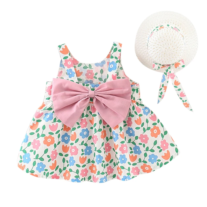 

2Piece Toddler Summer Clothes Korean Cute Big Bow Flowers Dress Sleeveless Beach Princess Dresses Newborn Baby Clothing BC2173