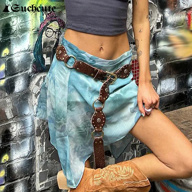 SUCHCUTE Golden Buckle Rivet Boho Vintage Brown Belts for Women PU Leather Y2K Style Accessories Summer Skirt's Female Belt Goth