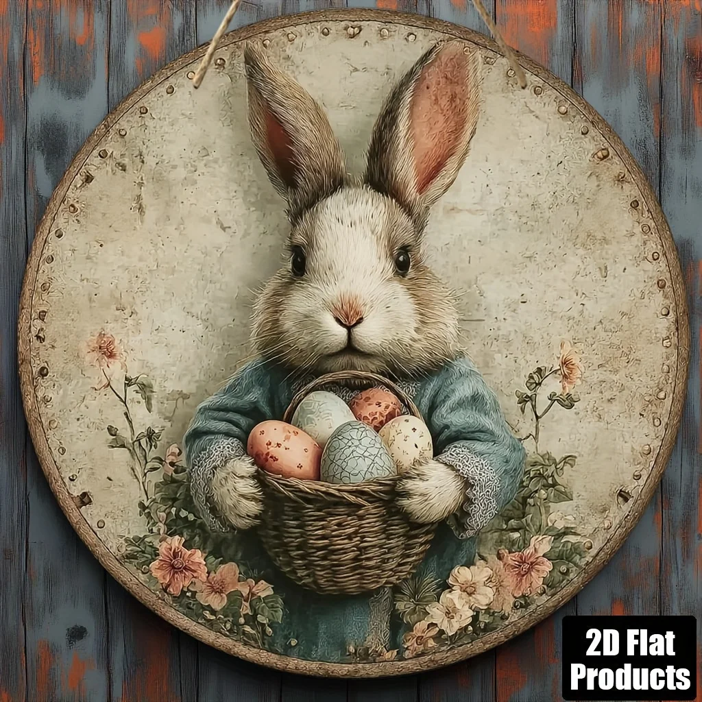 2D Flat, Vintage Easter Bunny Wall Hanging Sign - Round Bunny-Themed Decorative Plaque with Bunny Pendants, Drops & Finials Suit