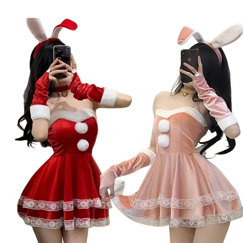 Bunny Girl Suit Role Play Anime Movie Female Pink Red Maid Outfit Sweet Sexy Solid Color Lace Velvet Dress Christmas Uniform Set