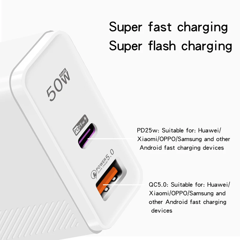 NEW 50W Dual Port USB A TYPE C Super Fast Charger For Samsung Xiaomi Huawei iPhone Oneplus OPPO VIVO PD QC Fast Charging 2026