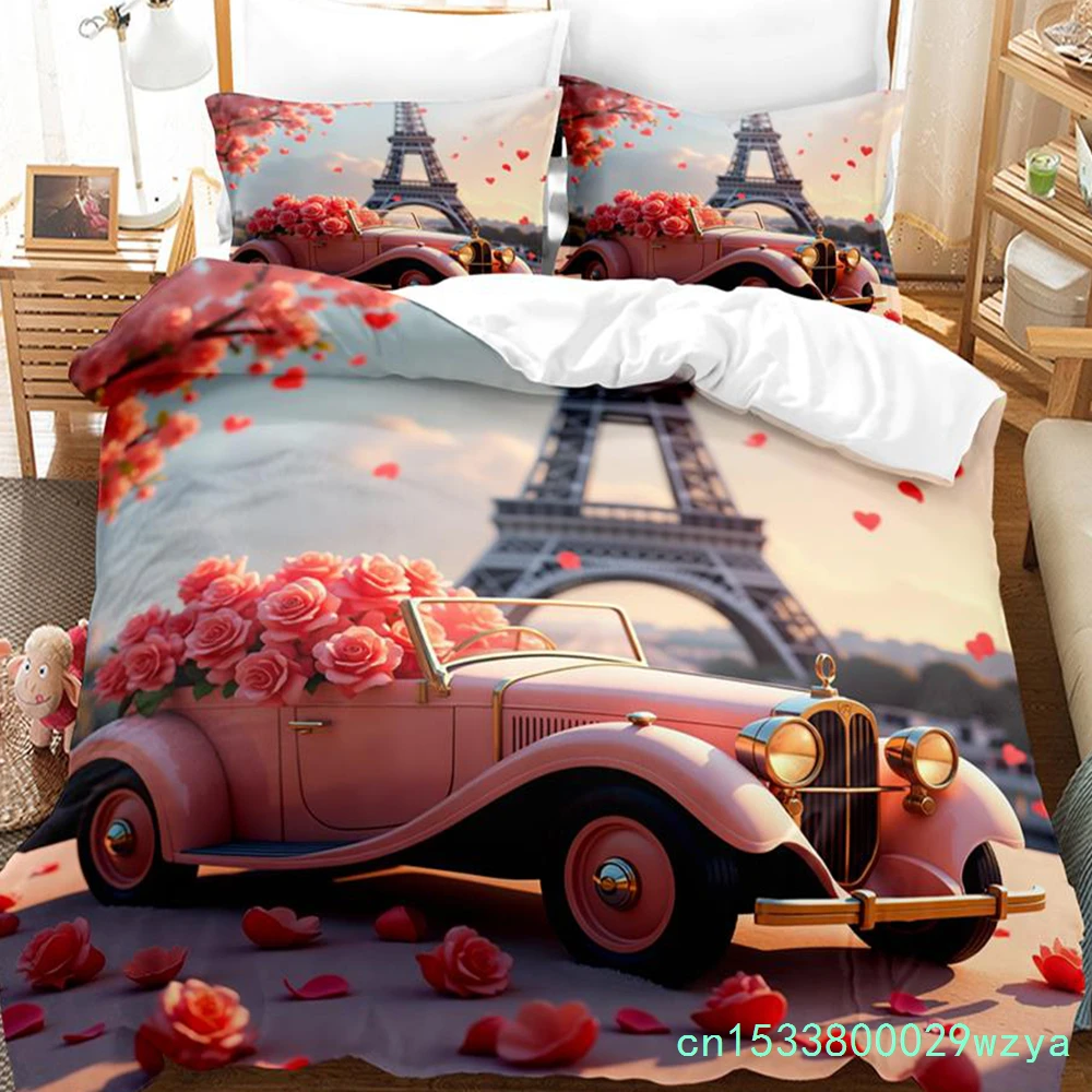 Rose Eiffel Tower Print Pattern Polyester Bedding Set - Soft And Comfortable,  Home Decoration,King,Queen Size,Valentine's Day