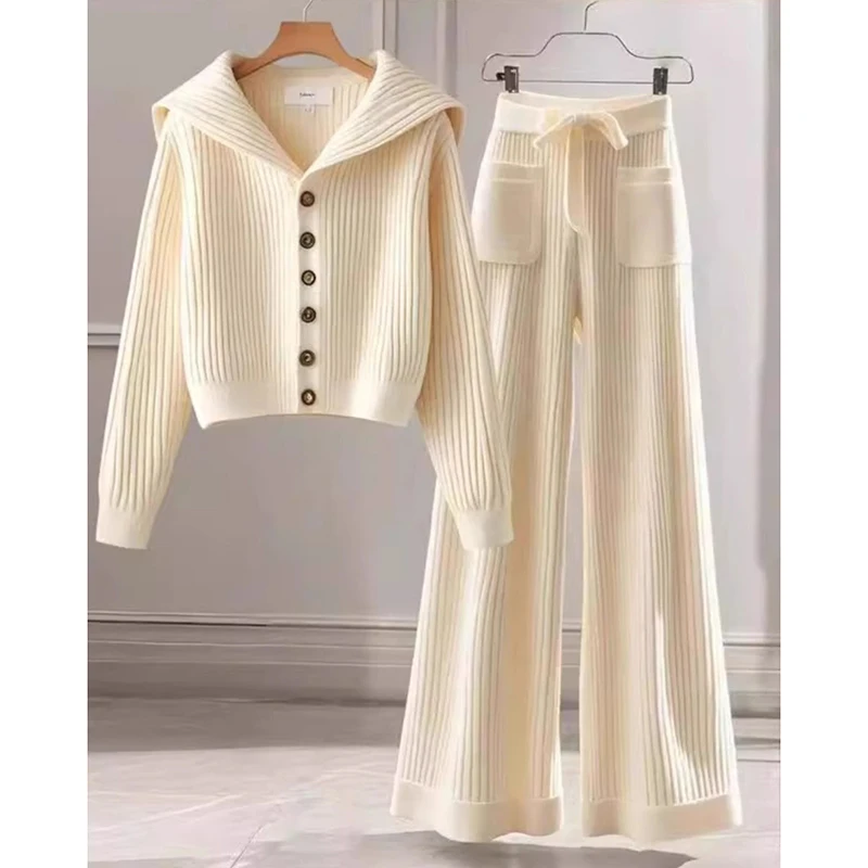 

Spring Autumn 2026 New Chic Sweater Two-Piece Women's Fashion Loose Single-Breasted Soft Waxy Knitted Top Casual Straight Pants