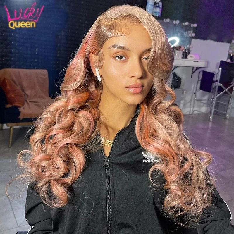 Highlight Blonde Pink Human Hair Wig 13X4 Transparent Lace Front Wig Light Brown Colored Body Wave 13X6 Frontal Wig For Women