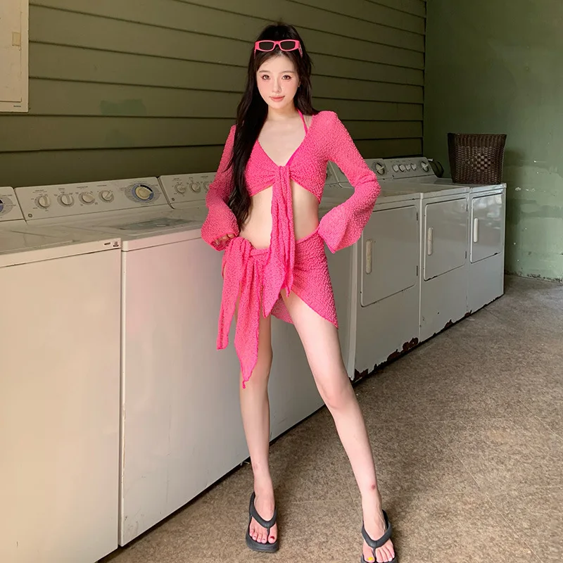 Sexy Rose Red Swimwear Thong Bikini 2024 Women 4 Pieces Swimsuits with Skirt Long Sleeve Cover Ups Beachwear Bathing Suit Korean