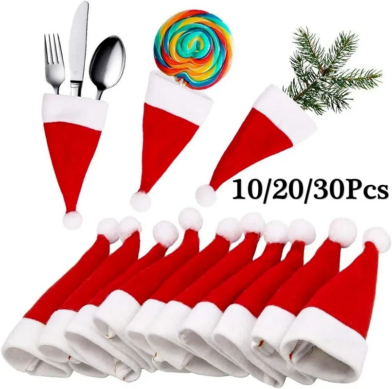 10pcs Mini Christmas Hat Tableware Knife Fork Set Holder Pocket Bag Merry Christmas Party Dinner Wine Bottle Xmas Hat Decoration