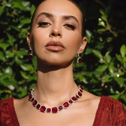 Fashion Red Square Crystal Necklace Earrings Set Party Free Shipping 2024 Trend Large Bridal Jewelry Set for Women Decoration