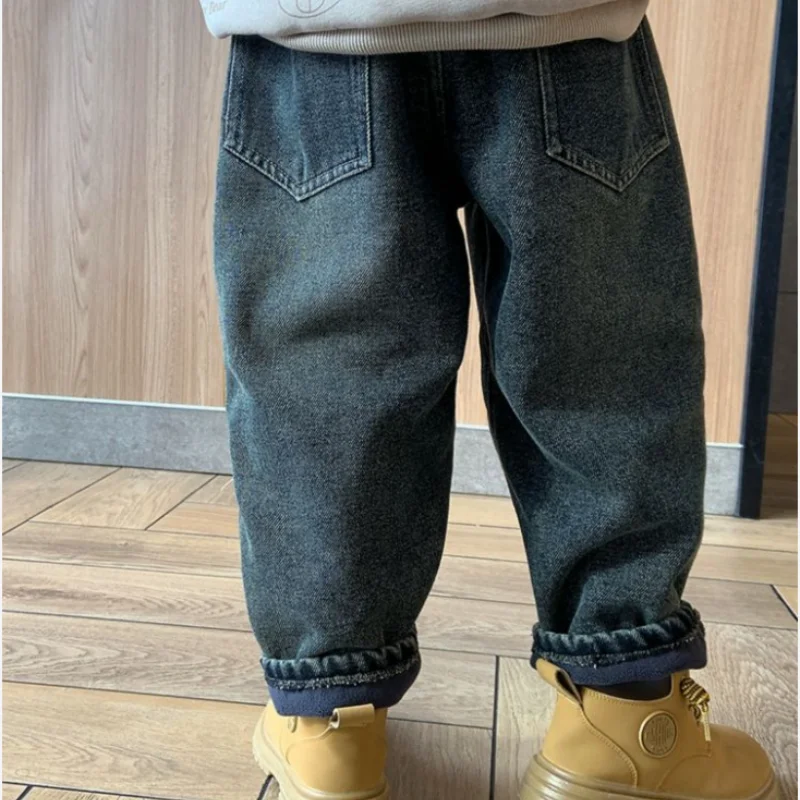 Boys\' Velvet Thickened Jeans Autumn/Winter New Baby Casual Pants Children\'s Perforated Jeans Pants