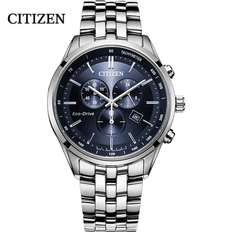 Citizen-Reloj de negocios ecológico para hombre, cronógrafo de tres ojos, placa azul, correa de acero, resistente al agua, Original