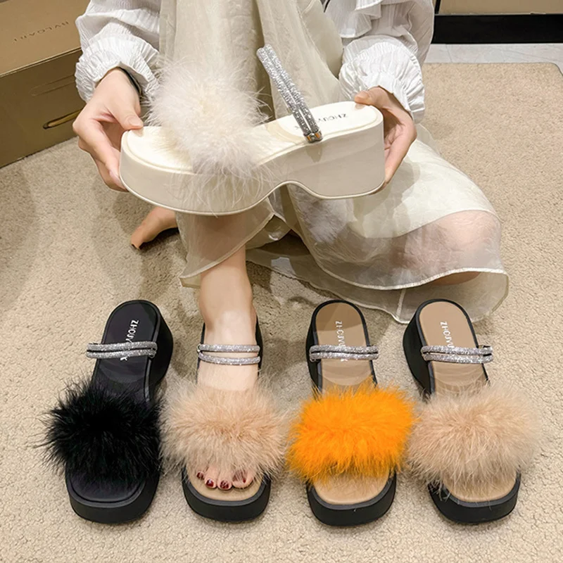 

New Summer Popular Feather High Heels Fur Slippers Sandals For Women Shoes Female Sandalias Street Footwear Slides