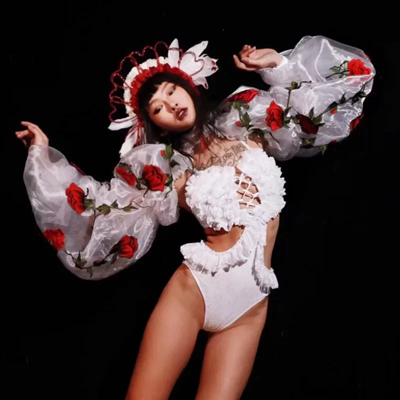 Kostium taneczny z bufiastymi rękawami i wycięciami, seksowny strój do klubu nocnego, dla tancerki gogo, na występy sceniczne, festiwal, rave.