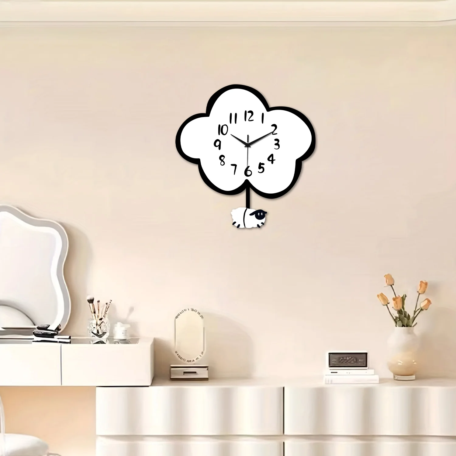 A Modern Cute Wooden Cloud Sheep Large Swinging Wall Clock, Battery-Powered, Silent Swinging Clock for Living Room, Bedroom, Home, Kitchen, Aesthetic Room Decoration, Unique Gift (Battery Not Included) - view 5