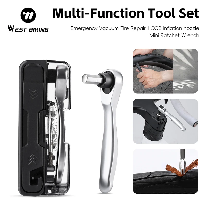 

WEST BIKING 15-in-1 Multi-Function Ratchet Wrench Kit Portable Aluminum Alloy Repair Tool Set for MTB Road Bikes