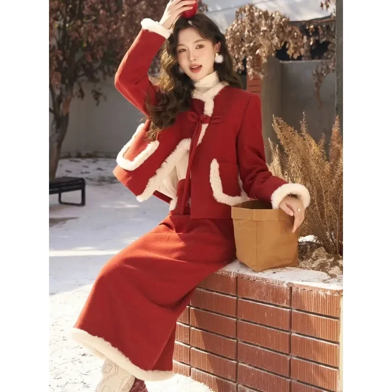 

UNXX New Chinese Style Button Woolen Blazer Skirt Suits Retro Contrasting Color Plush Patchwork Wool Jacket Skirt Two-piece Set