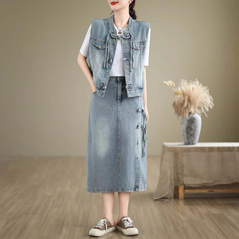 New Chinese Sle Cotton Denim Vest And Skirt Set Women's Casual Hat Included Two-Piece Suit Light Colored Button Detail