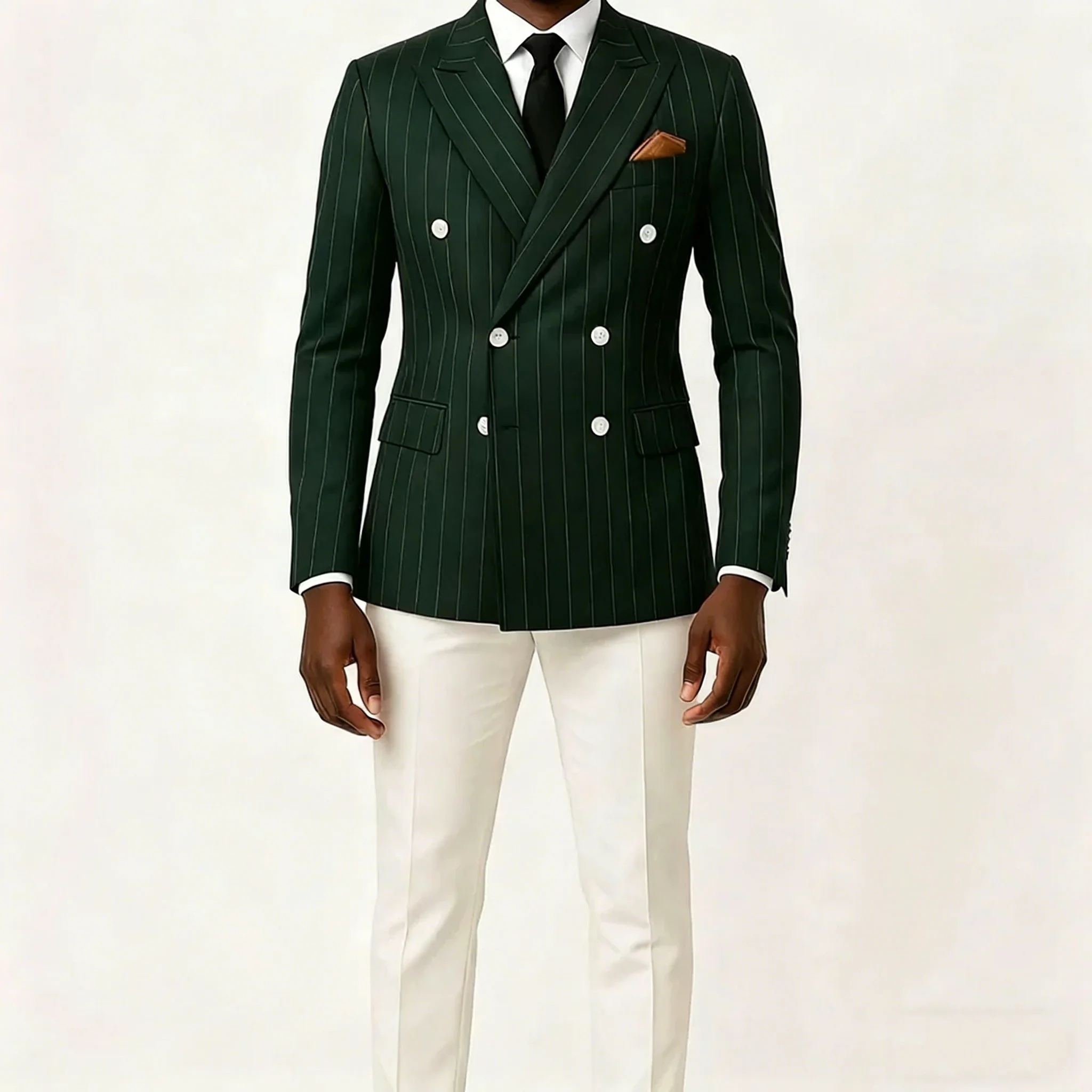 

Мужской костюм-двойка: зеленый пиджак в полоску, белые однотонные брюки, двубортный, с острыми лацканами, для свадьбы, смарт-кэжуал, на заказ