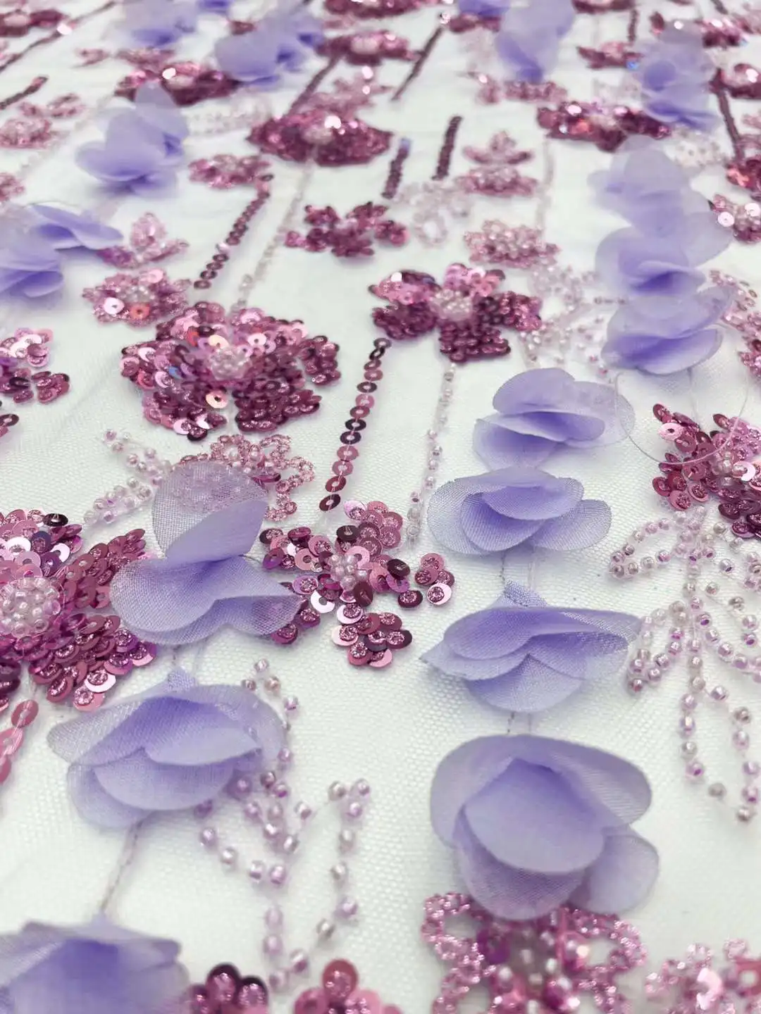 

High quality Purple Beads Florals 3D Embroidered French tulle net / African fabric Lace For DIY Weddings Evening dresses Party