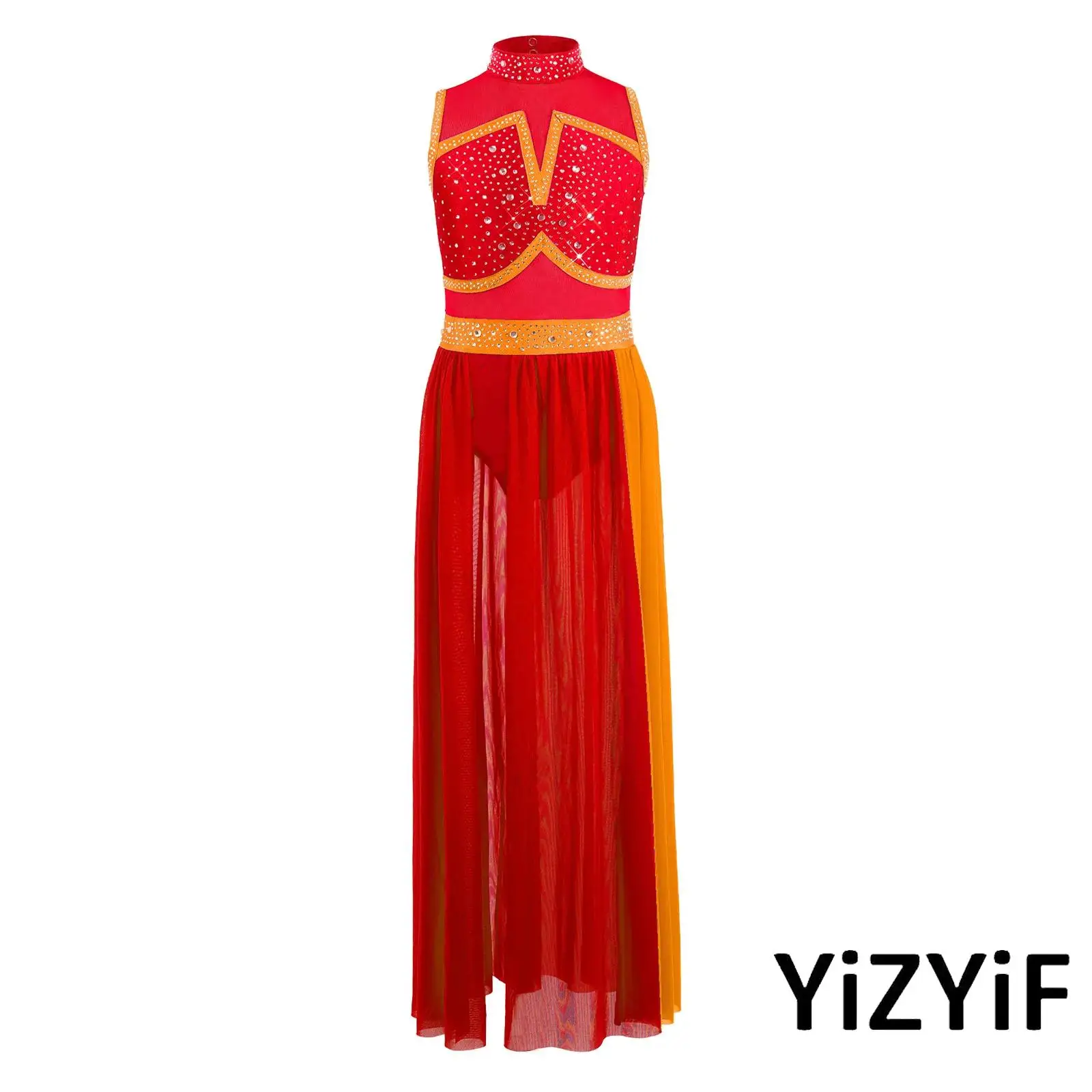 

Girls Jazz Lyrical Dance Dress Sleeveless Cutout Back Shiny Rhinestone Split Mesh Maxi Dress Contemporary Modern Dance Outfit