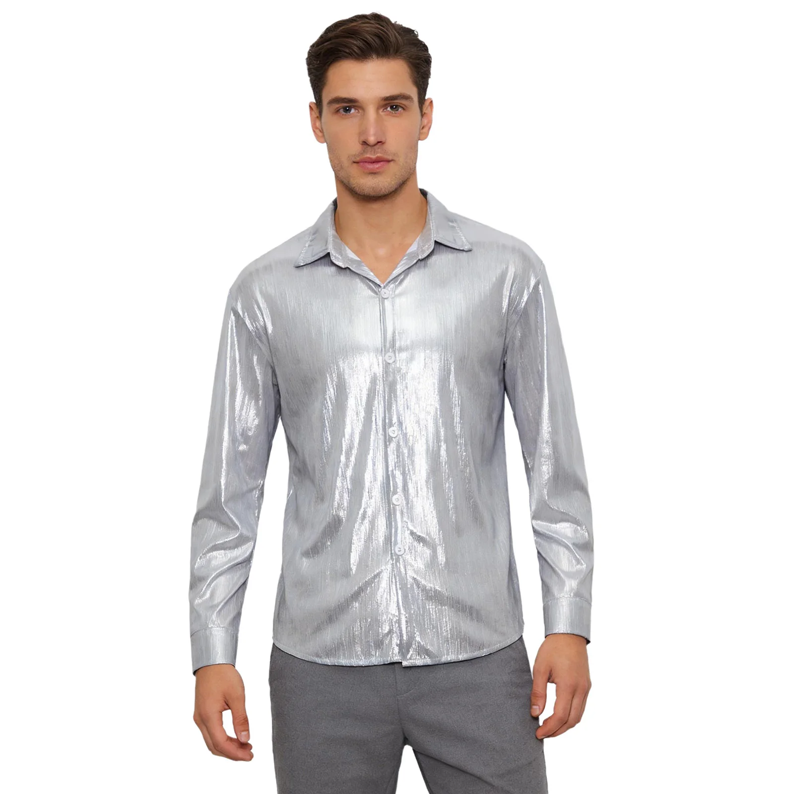 

Мужская блестящая металлическая рубашка в стиле диско с отложным воротником, длинными рукавами, на пуговицах, свободного кроя, для джаза, рейва, выпускного вечера, ночного клуба