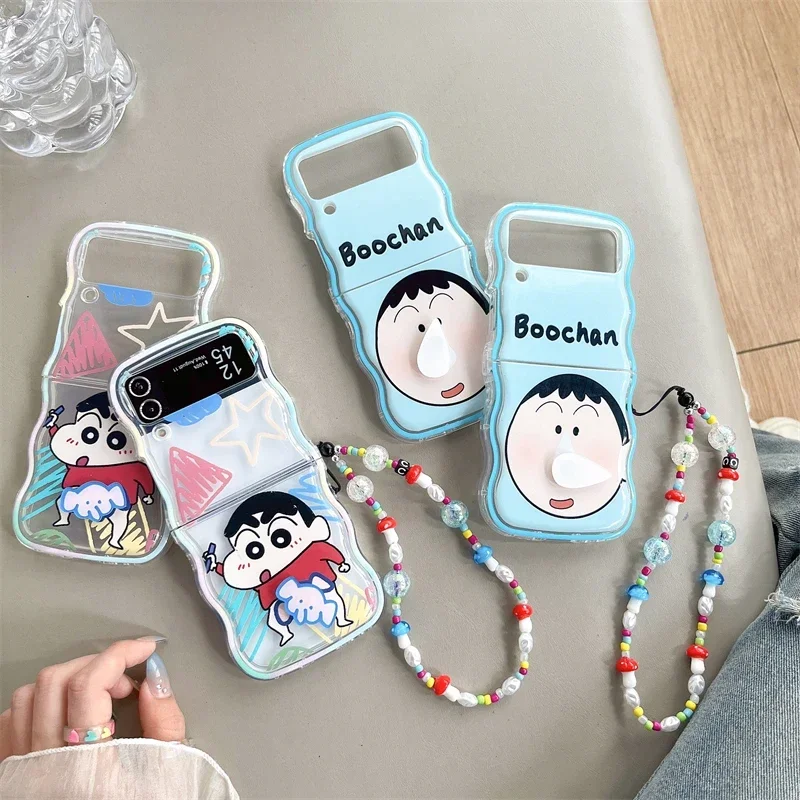 Anime Cartoon With Lanyard bracket Phone Case for Samsung Galaxy Z Flip 3 4 5 5G PC Hard Bōchans Noharas Shinnosukes Back Cover