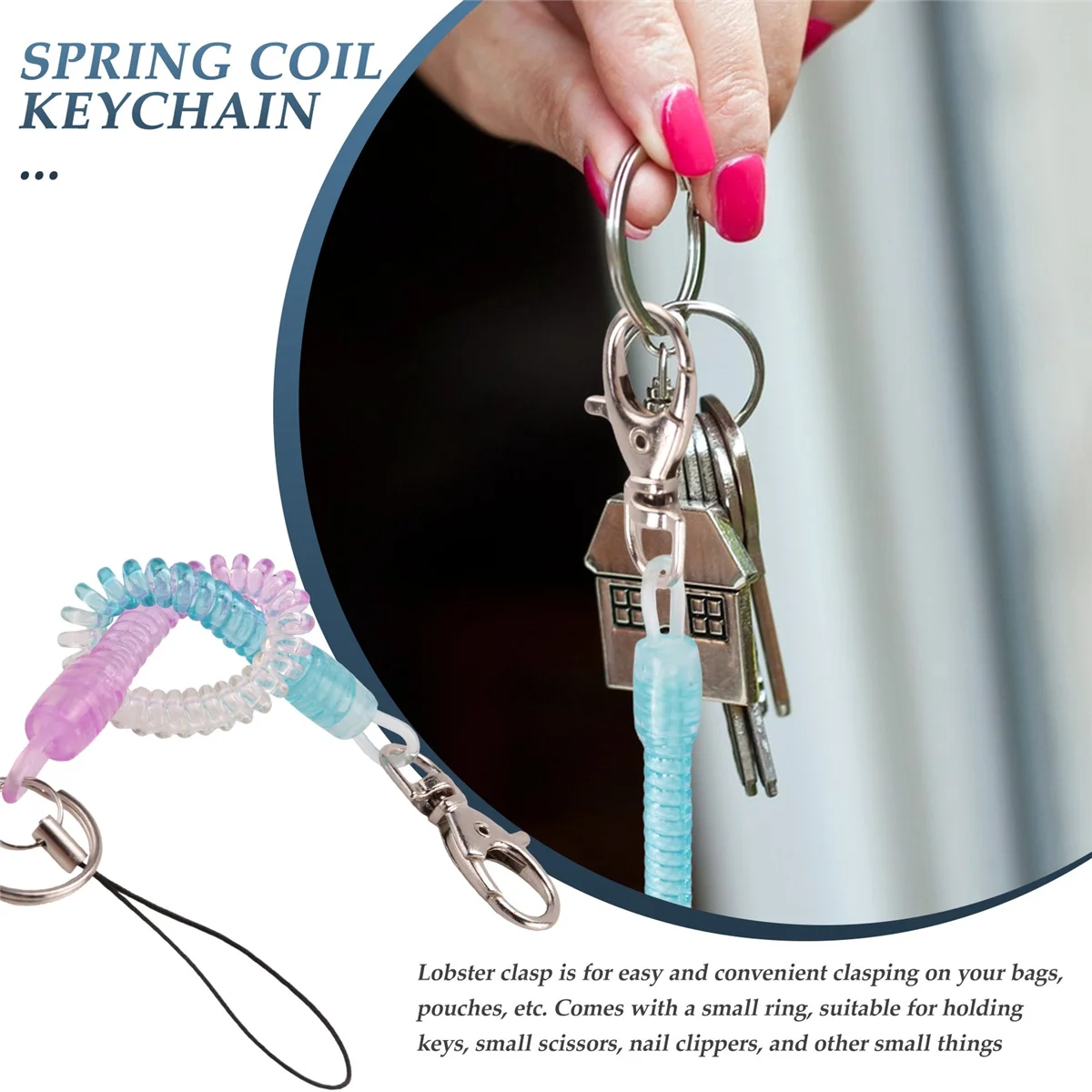 Lobster Hook Blue Spring Stretchy Coil Keyring Keychain Strap Rope Cord