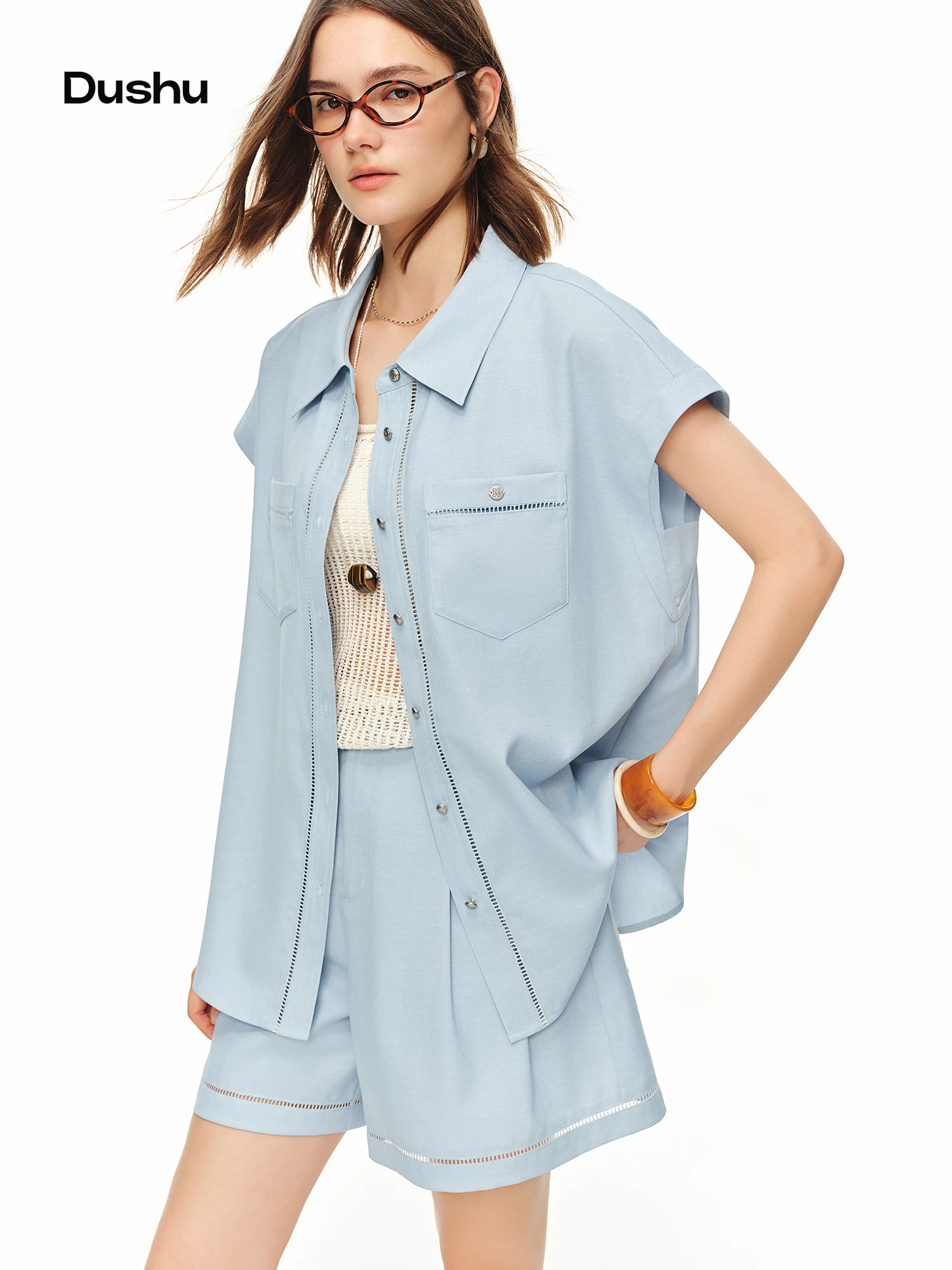 DUSHU 2026 Summer Women Two Piece Shirt & Trouser Set, Relaxed Minimalist Matching Co-ord for Office Commute Quiet Luxury Style
