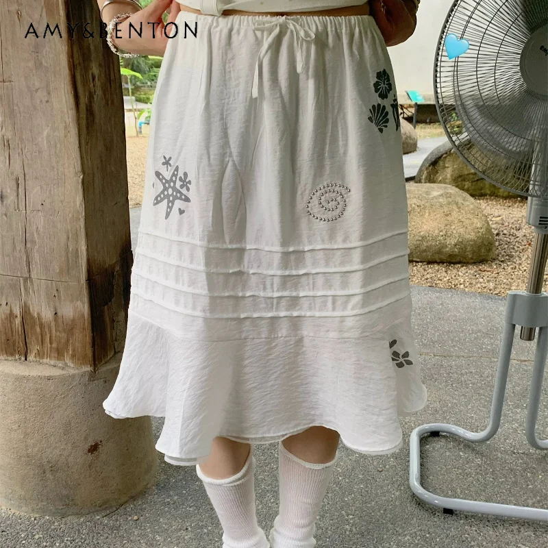 

Star Shell Printing Pleated Women's Fishtail Skirt 2026 Summer New White Loose Y2k Thin Versatile Age-reducing Skirts Ladies