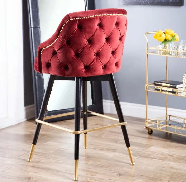 

Luxury Modern Nordic Style Burgundy Tufted Curved High Back Bar Stool Velvet Upholstery Bar Chair for Home Hotel