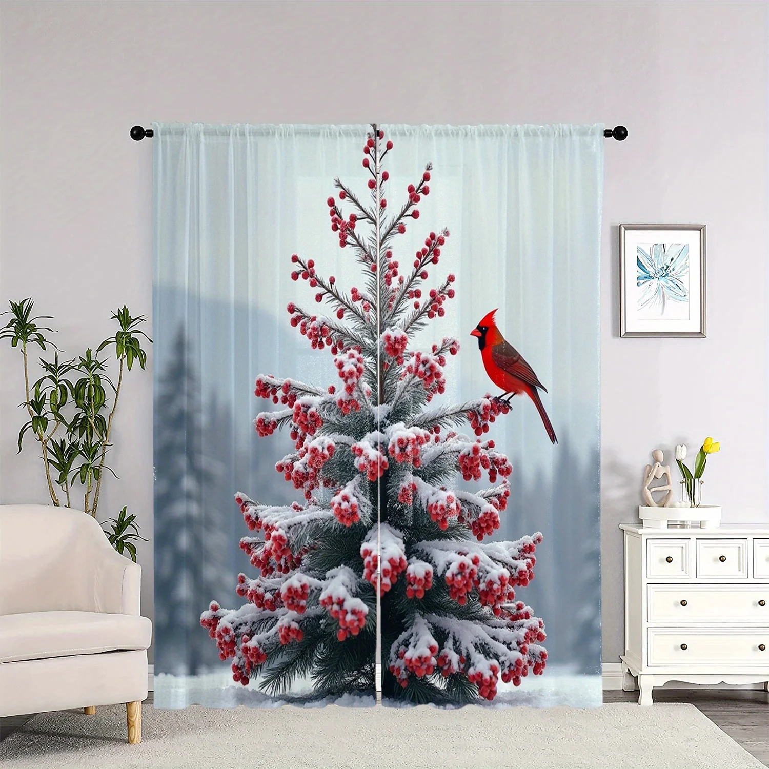 2pcs Christmas Pine Tree Curtains with Red Berries Cardinal Design, Polyester Rod Pocket for Living Room Bedroom Decor