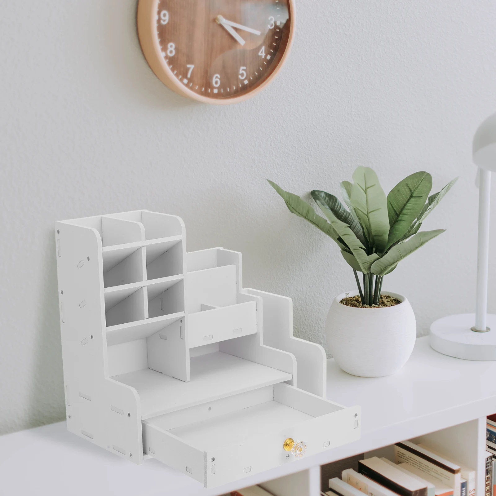 

Multifunctional Desktop Pen Holder Large Capacity Stationery Storage Rack Wood Plastic Composite Slanted Design Easy Assembly