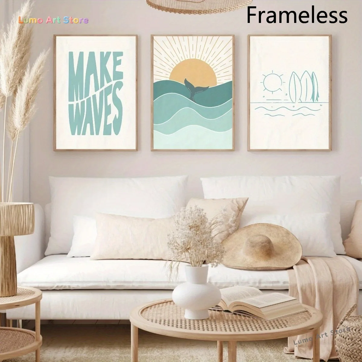 2D Flat, 2D Flat, 3pcs (Canvas Poster Unframed) Boho Surf Wall Art 3-Set Prints, Poster Prints, Minimalist Surfing Decor, Oce