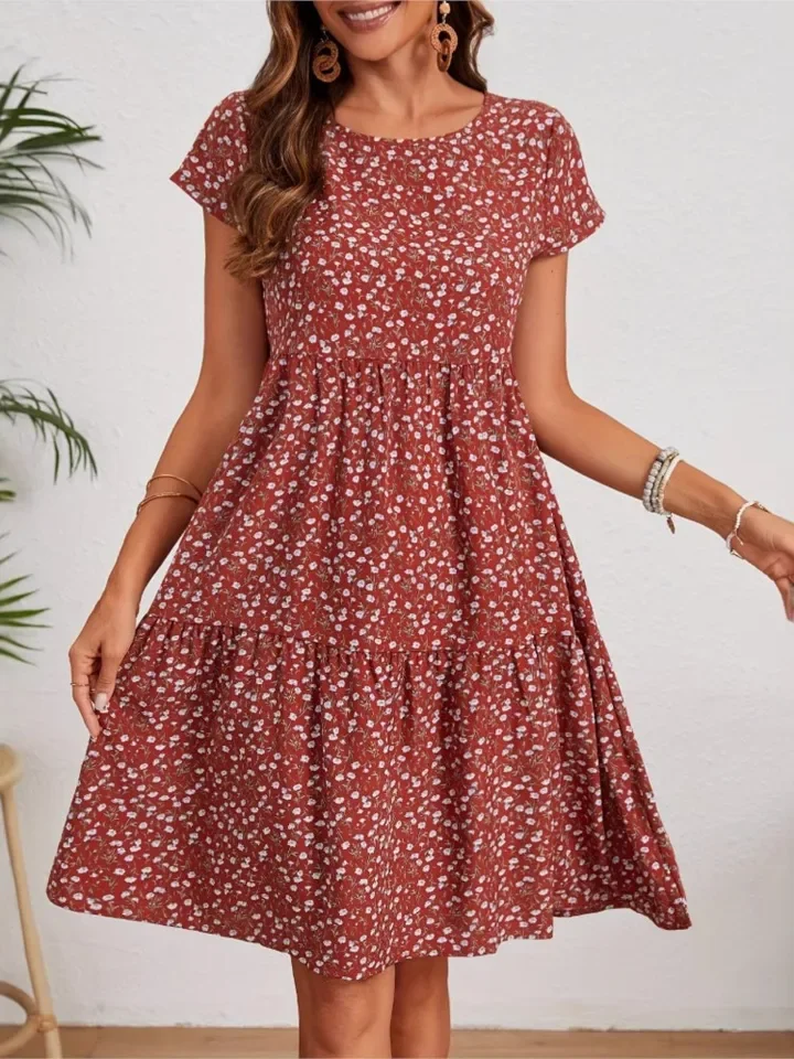 Casual Print Loose Dress Lady Fashion O-Neck Short Sleeve Pullover Dresses For Women Summer Boho Holiday Womens Clothing New
