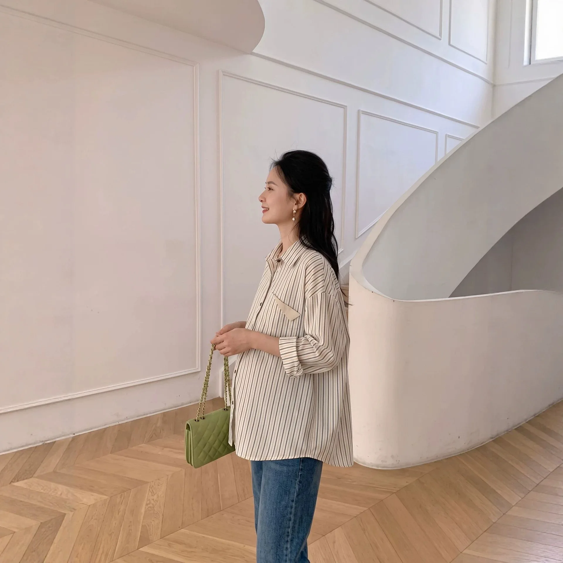 2026 New Autumn Maternity Long Sleeve Shirt Korean Style Vertical Striped Cotton Open Front Blouse Daily Office Pregnancy Top