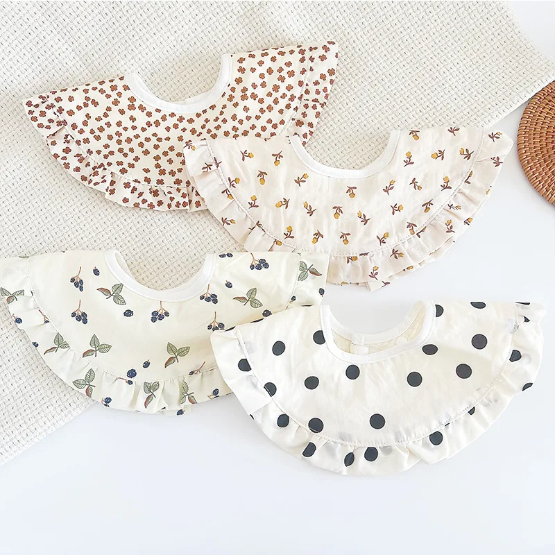 Cute Baby Girl Round Bibs Printed Newborn White Fake Collar Kids Feeding Cotton Retro Infant Drooling Scarf Breastplate Korean