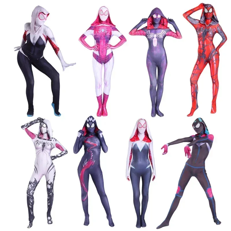 ผู้หญิง & สาว Spider Gwen Stacy คอสเพลย์ Zentai เครื่องแต่งกายสําหรับ Venom Gwen ฮาโลวีนคอสเพลย์แมงมุมหญิงชุดสําหรับเด็ก Jumpsuitsaa
