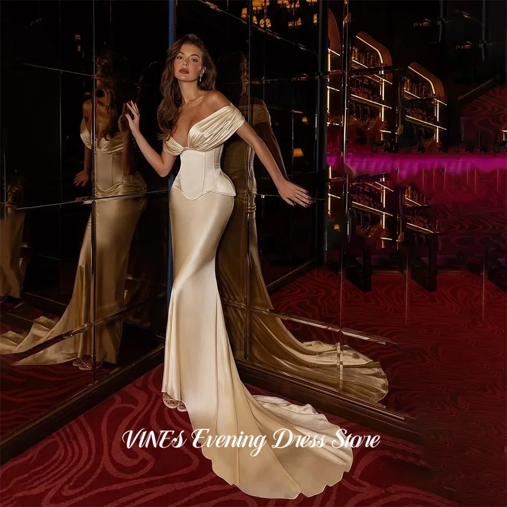 

VINES Gold Party Dresses Off Shoulder Sexy Evening Dresses Mermaid Satin Party Gown with Train Prom Gown for Women Customized