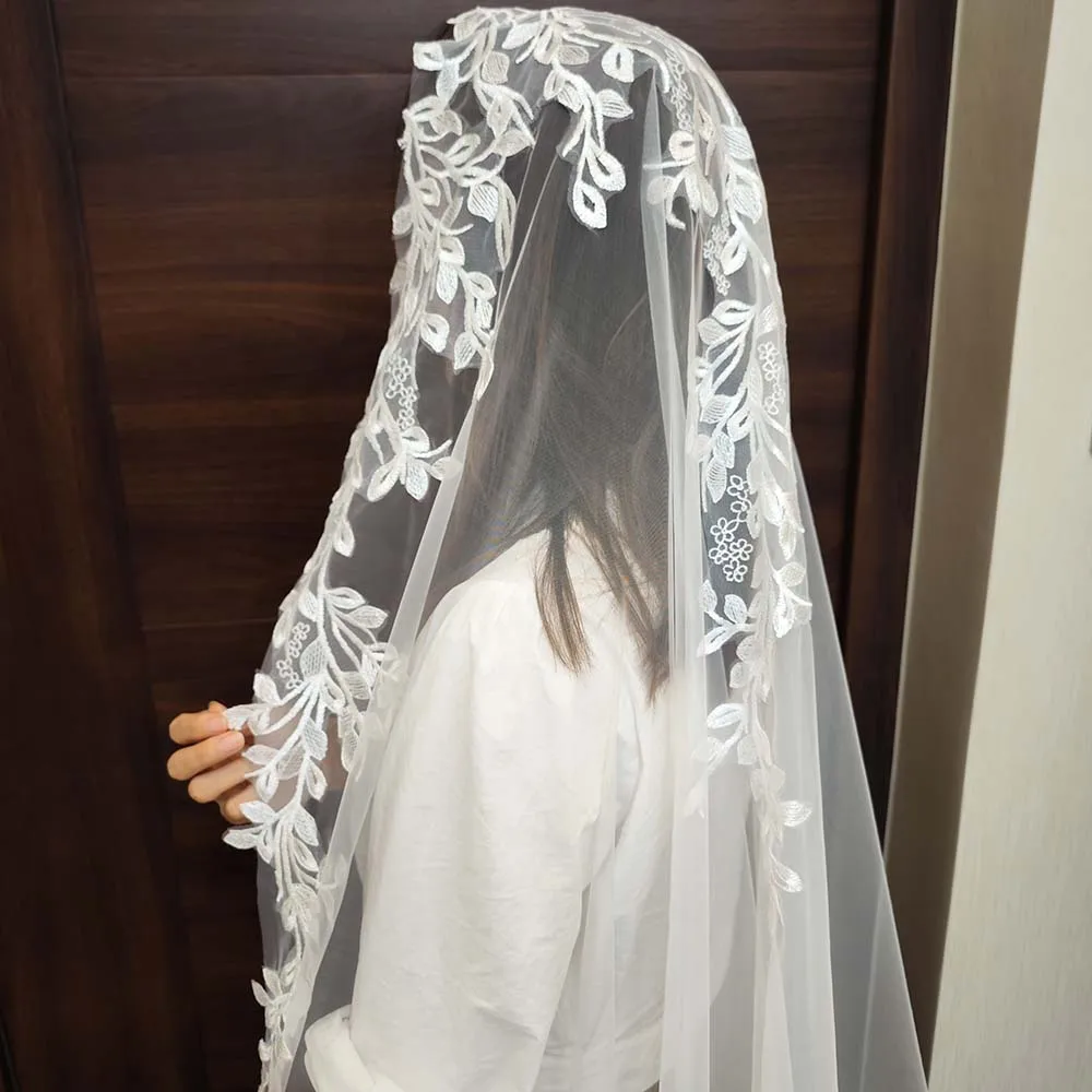 Real Photos Mantilla Wedding Veil with Hidden Comb Lace Only on Top 3 Meters Long Bridal Veil Head Veil Wedding Accessories