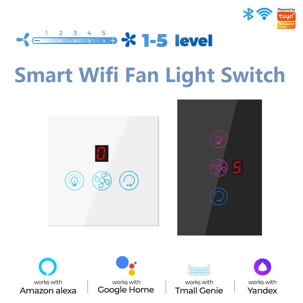 EU US Tuya Wifi Five-speed Fan Light Switch Thyristor Speed Adjustment Touch Panel Switch Remote Control Alexa Google Home