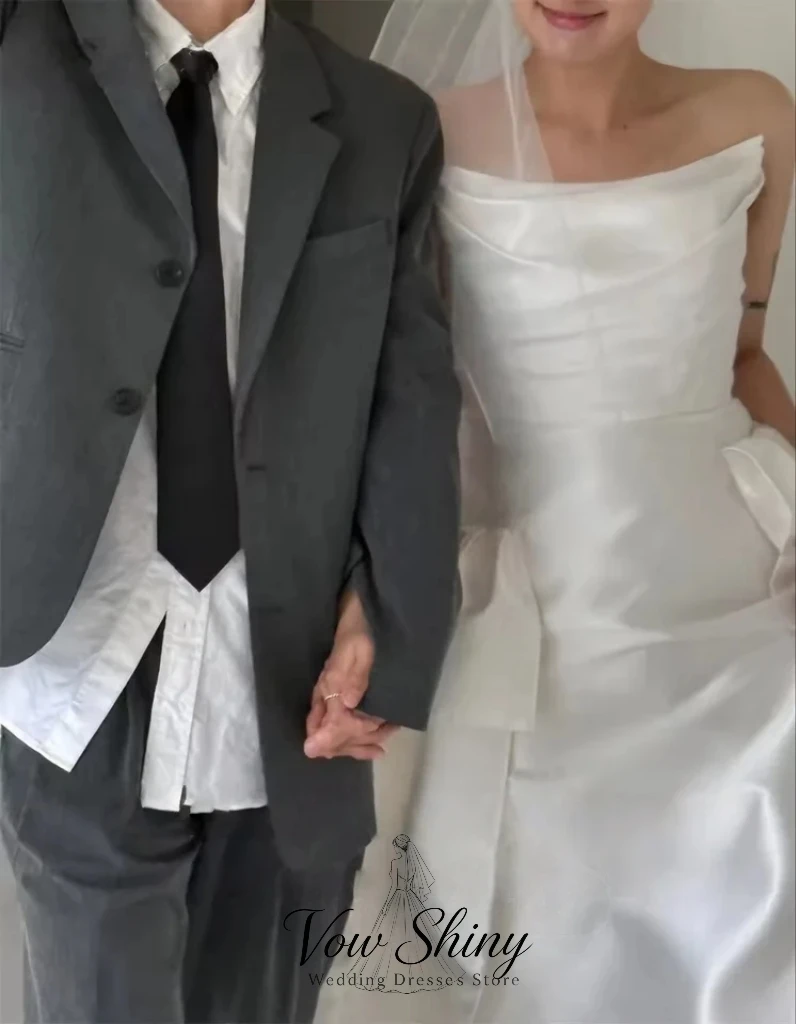 Vow Shiny Simple Strapless Satin Korea Wedding Dress Photo Shoot A-Line With Sash Bridal Gown Customized Garden Wedding Dress