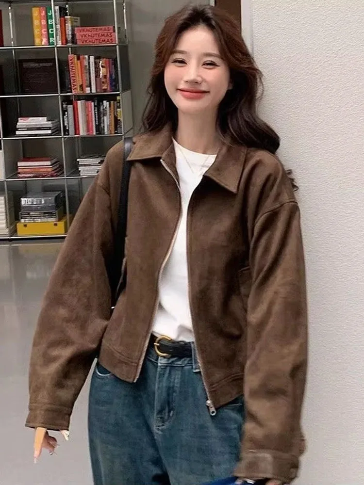 American Vintage Faux Suede Jacket Women Spring Autumn Retro Short Cargo Jacket Streetwear Y2K Aesthetic Coat