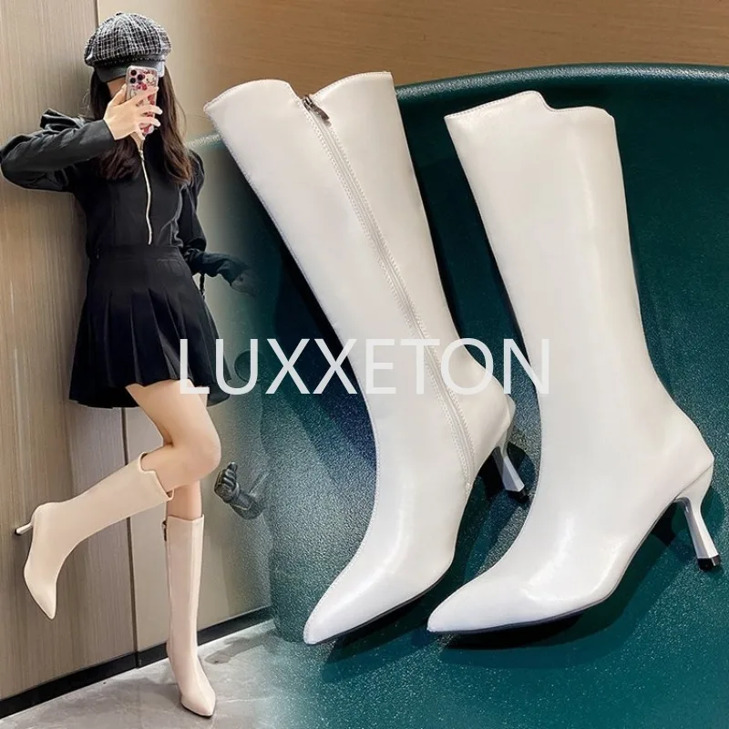 2024 New Women\'s Over the Knee Boots Leather Sexy Small Fashionable Pointed Heel High Sleeve Winter Boots Casual Office