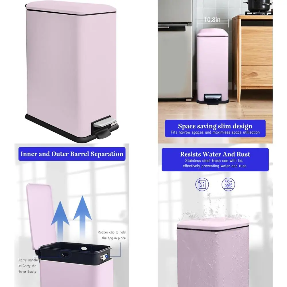 

Stainless Steel Pedal Trash Can with 12 Gallon Capacity, Removable Inner Bucket, Soft-Close Lid, Ideal for Slim Kitchen Spaces
