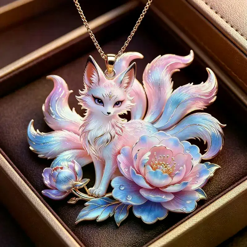 Exquisite Chinese Style Nine Tailed Fox Enamel Pendant Necklace Trendy Animal Pendant Daily Wear Jewelry Gift For Women