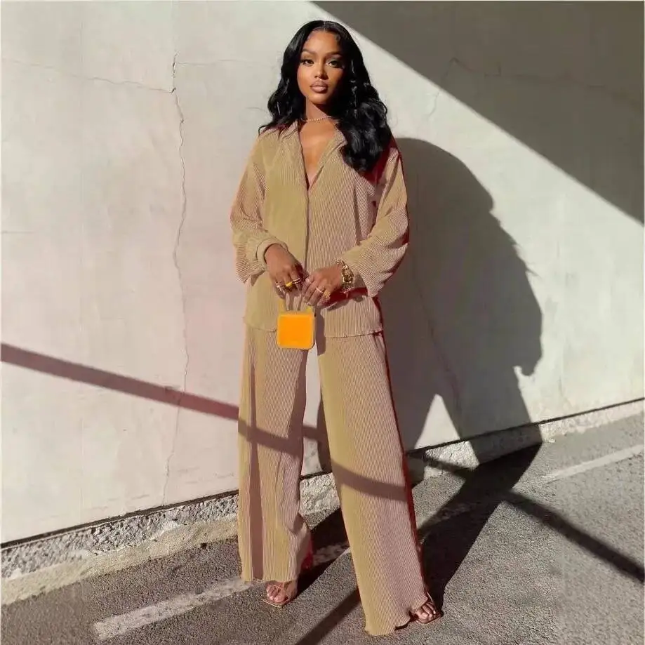 

2026 Women's Solid Color Loose Casual Two-Piece Set Pleated Fashion Wide-Leg Pants Set