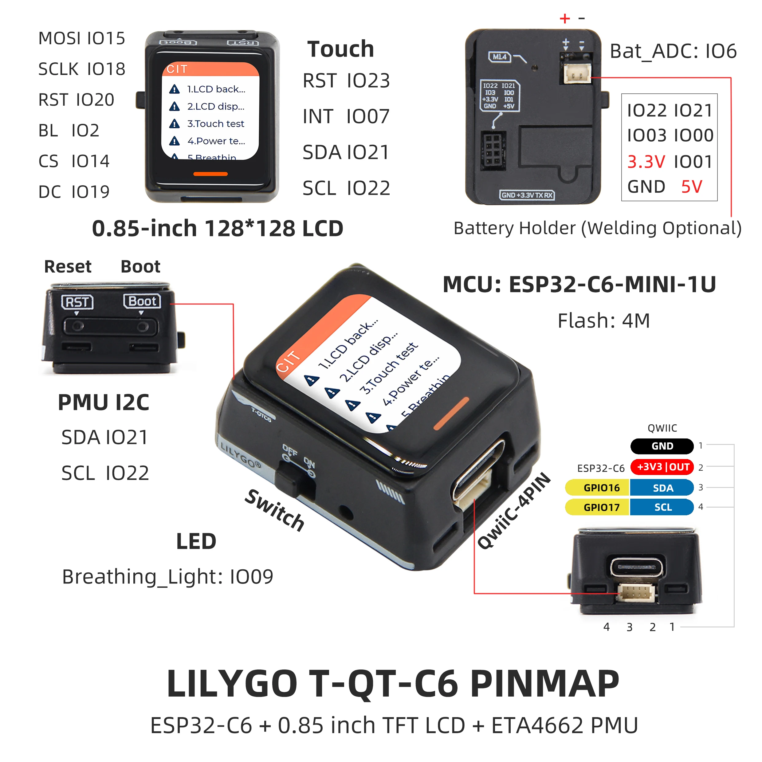 Mini development board with 0.85 inch 128 * 128 thin film transistor full color touch screen