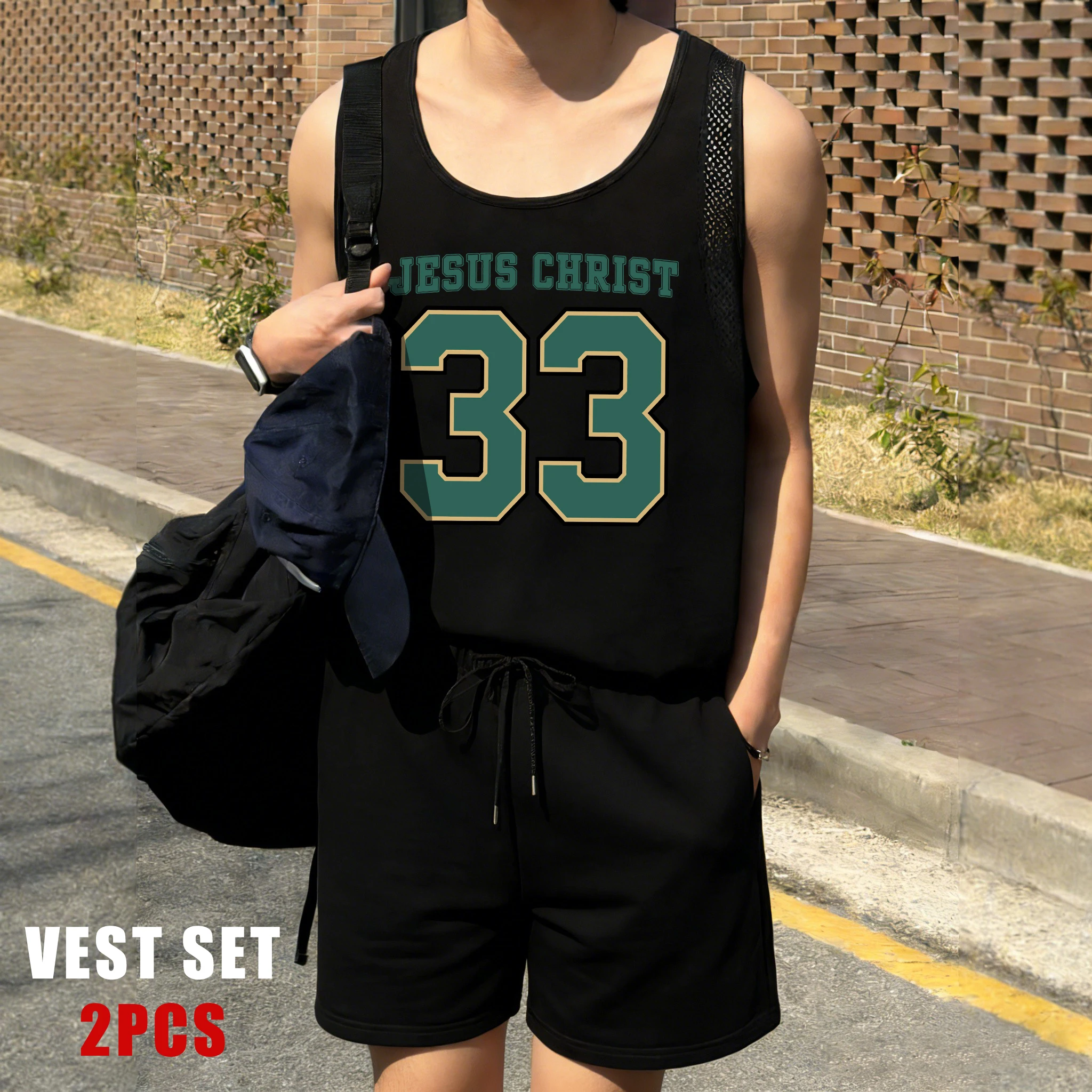 

The Number 33 Paired With Yellow And Green Printed Reticular Vest Suit Men Fashion Summer Shorts Soft O-Neck Tee Male Clothing