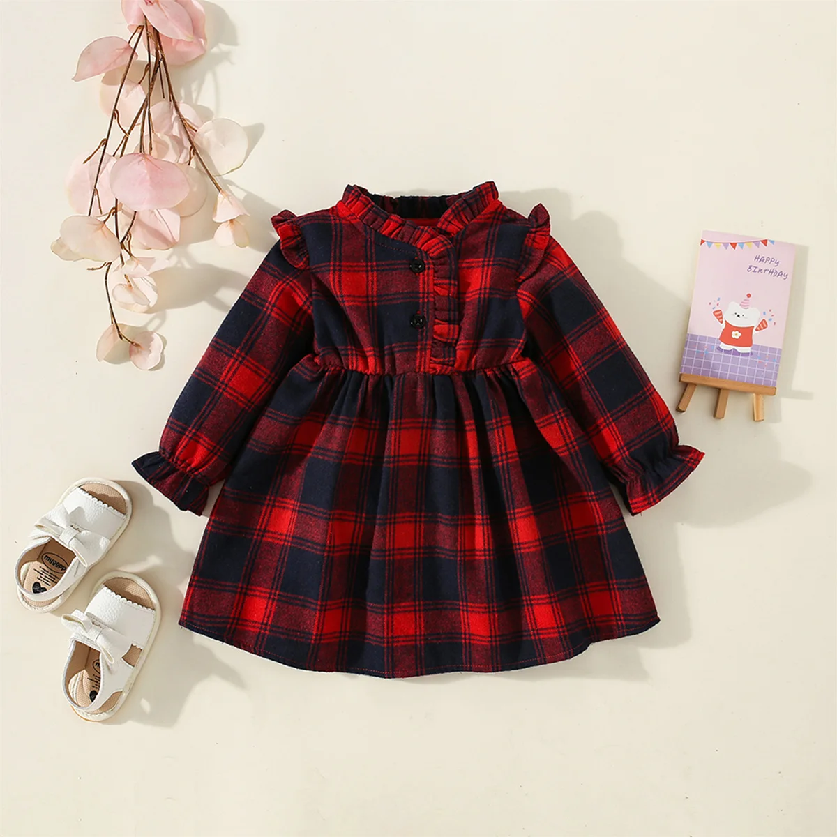 Girls' Long Sleeved Dress Spring And Autumn Plaid Academy Style Lace Decoration Polo Neck Daily Shirt Skirt