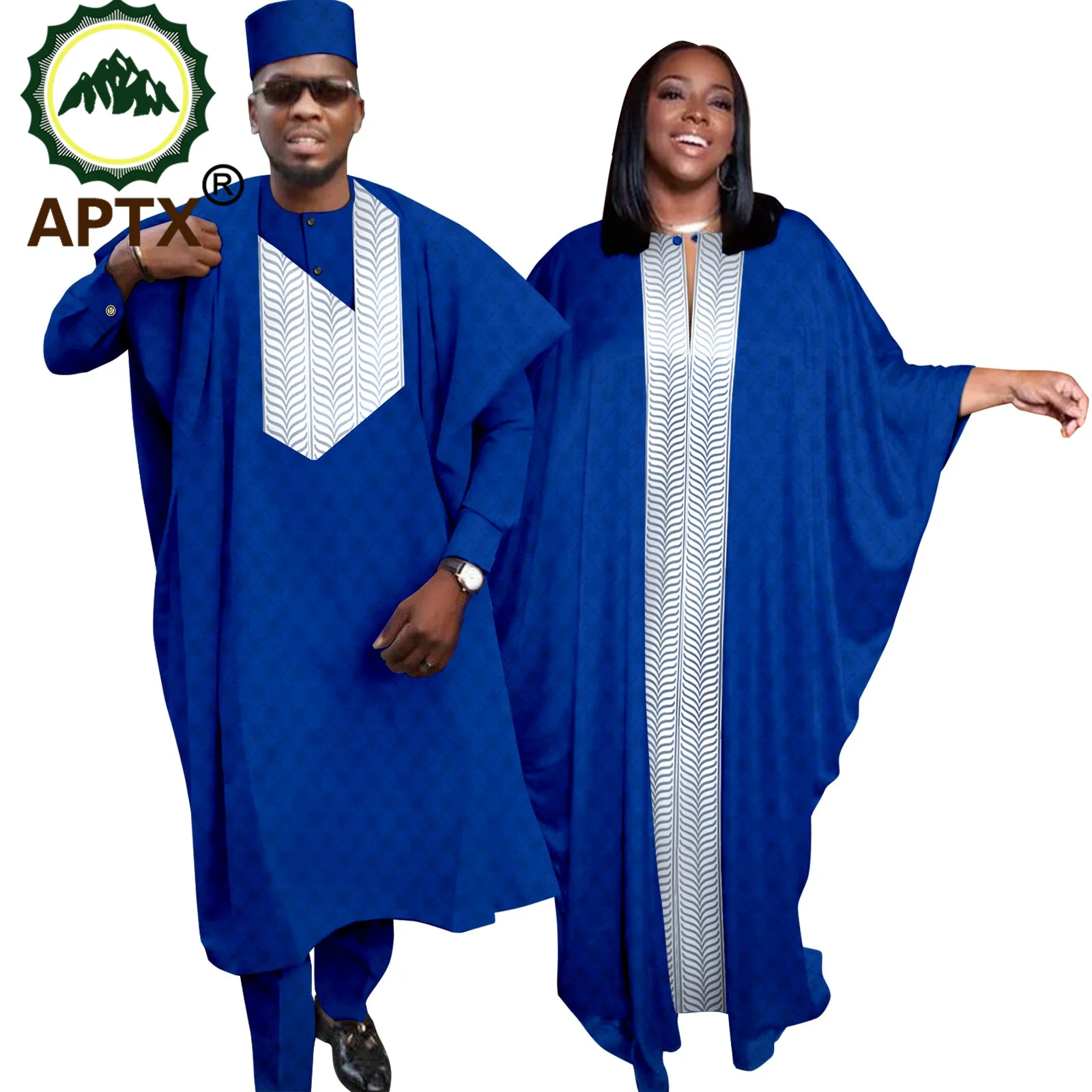 

APTX African Couple Clothes Men Women Traditional Robe Shirt Pants Hat 4 Pieces Set and Dresses for Elegant Lady Wedding T23C003