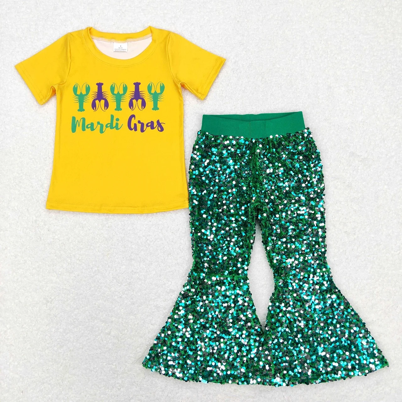 Wholesale Toddler Children Mardi Gras Set Short Sleeves Crawfish Shirt Kids Purple Sequins Bell Bottom Pants Baby Girl Outfit