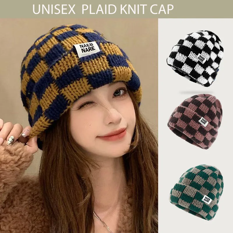 Schachbrett Plaid Gestrickte Hut Männer/Frauen Neue Winter Koreanische Version Großen Kopfumfang Wolle Kleine Gesicht Warme Abdeckung Keine krempe Hut